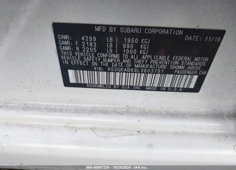 2020 SUBARU IMPREZA SEDAN VIN: 4S3GKAB69L3603791