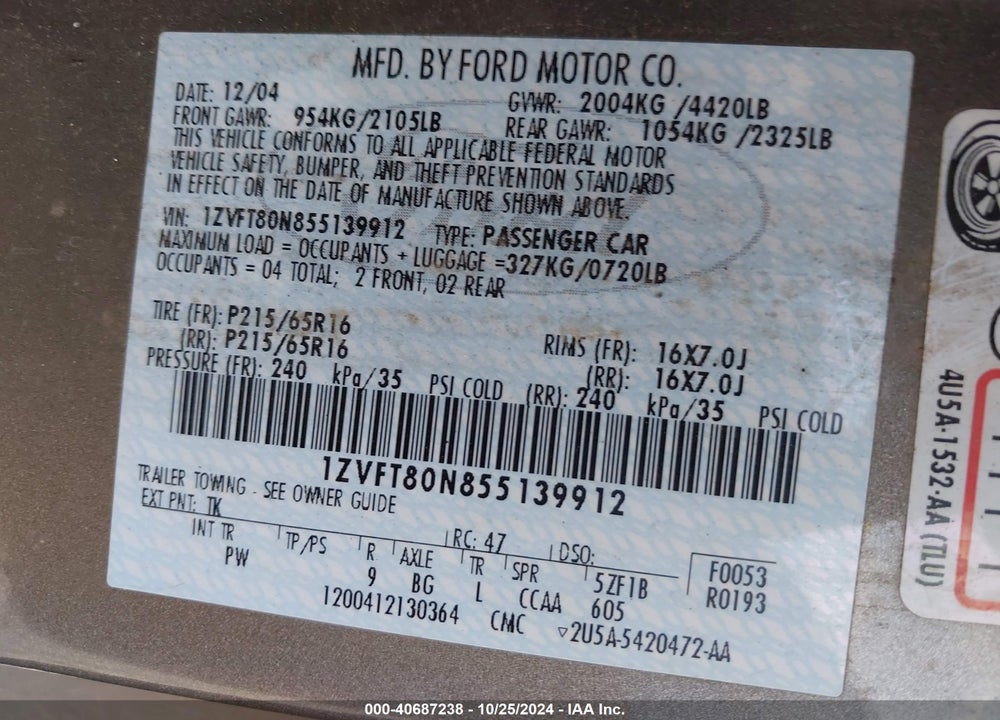 2005 FORD MUSTANG V6 DELUXE/V6 PREMIUM VIN: 1ZVFT80N855139912