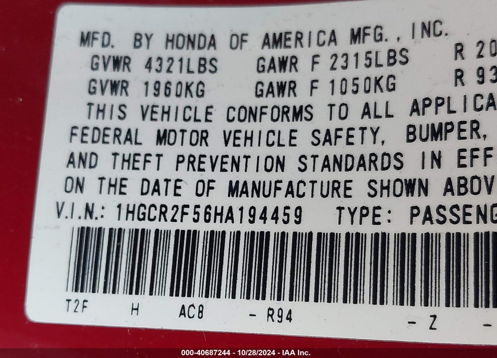 2017 HONDA ACCORD SPORT VIN: 1HGCR2F56HA194459