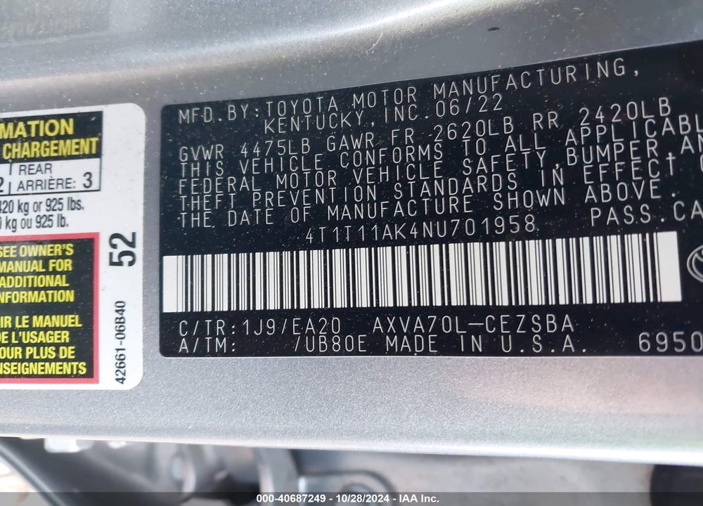 2022 TOYOTA CAMRY SE VIN: 4T1T11AK4NU701958