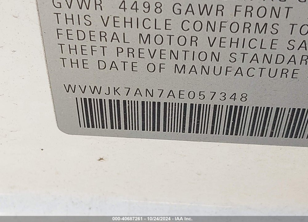 2010 VOLKSWAGEN PASSAT KOMFORT VIN: WVWJK7AN7AE057348