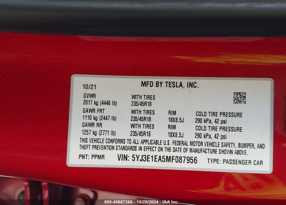 2021 TESLA MODEL 3 STANDARD RANGE PLUS REAR-WHEEL DRIVE VIN: 5YJ3E1EA5MF087956