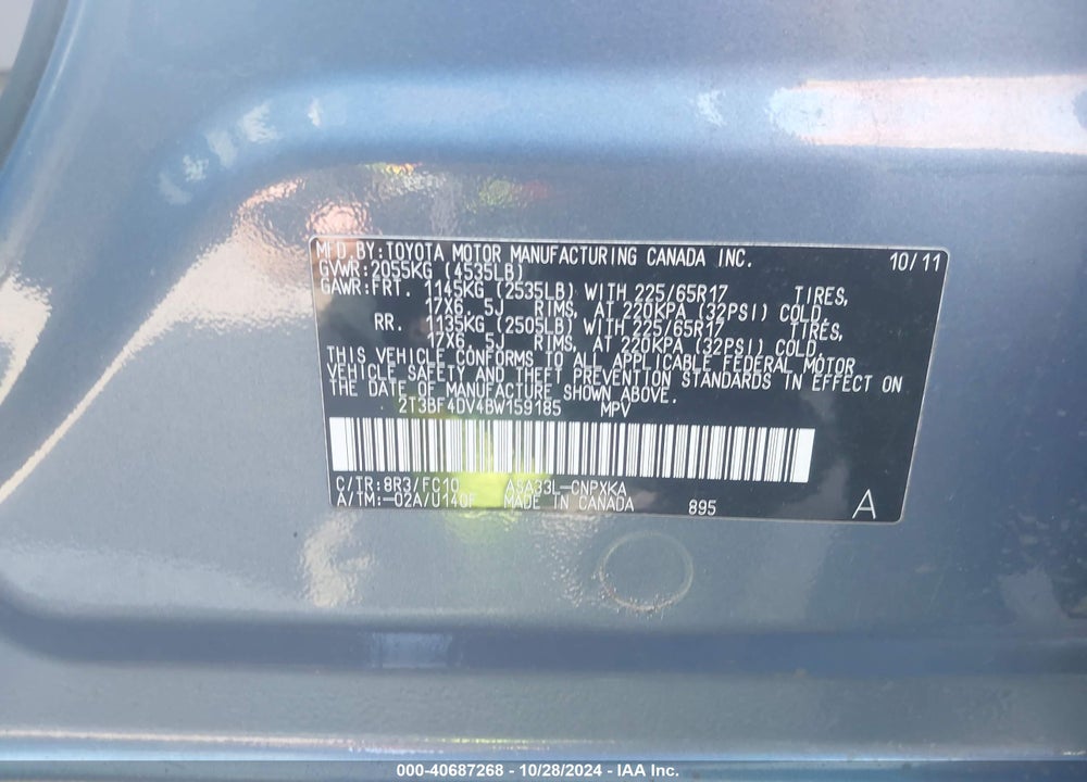 2011 TOYOTA RAV4 VIN: 2T3BF4DV4BW159185