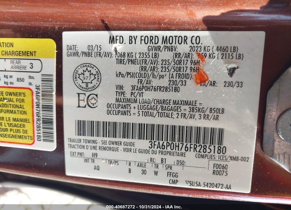2015 FORD FUSION SE VIN: 3FA6P0H76FR285180
