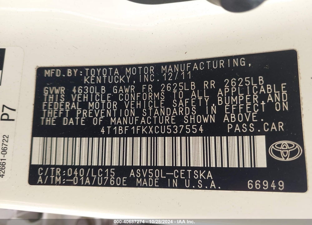 2012 TOYOTA CAMRY SE VIN: 4T1BF1FKXCU537554