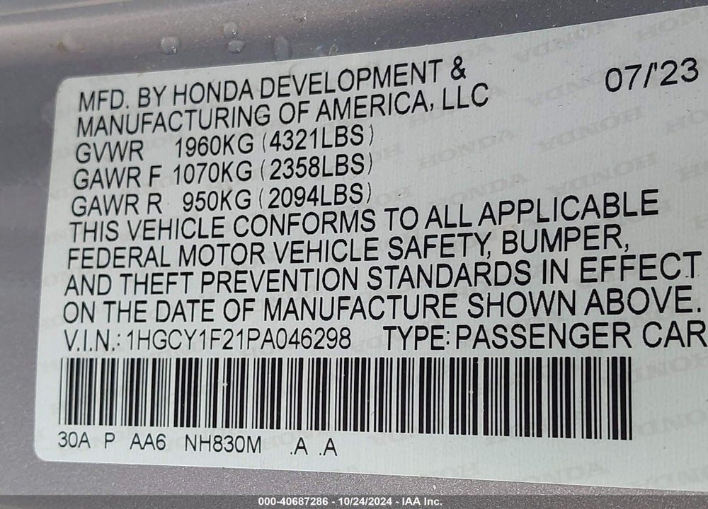 2023 HONDA ACCORD LX VIN: 1HGCY1F21PA046298
