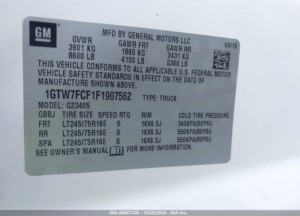 2015 GMC SAVANA 2500 WORK VAN VIN: 1GTW7FCF1F1907562