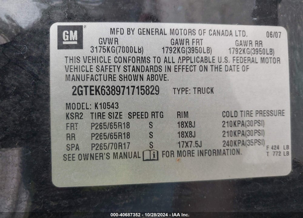 2007 GMC SIERRA 1500 DENALI VIN: 2GTEK638971715829