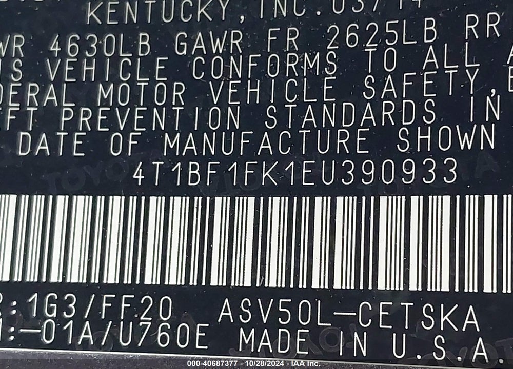 2014 TOYOTA CAMRY SE VIN: 4T1BF1FK1EU390933