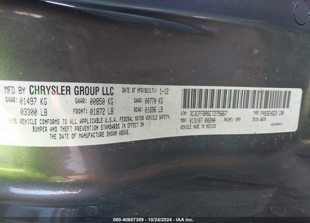 2012 FIAT 500 SPORT VIN: 3C3CFFBR6CT275667