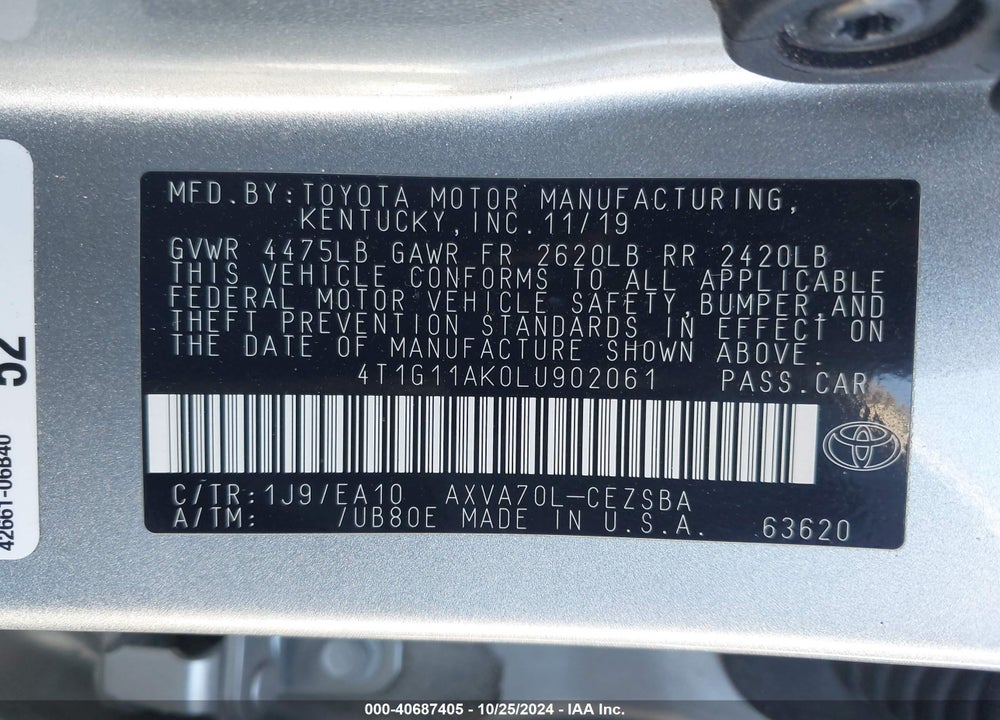 2020 TOYOTA CAMRY SE VIN: 4T1G11AK0LU902061