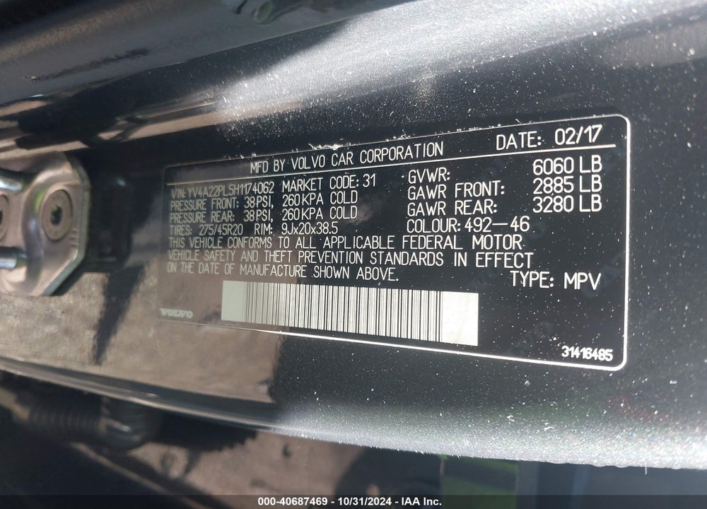 2017 VOLVO XC90 T6 INSCRIPTION VIN: YV4A22PL5H1174062