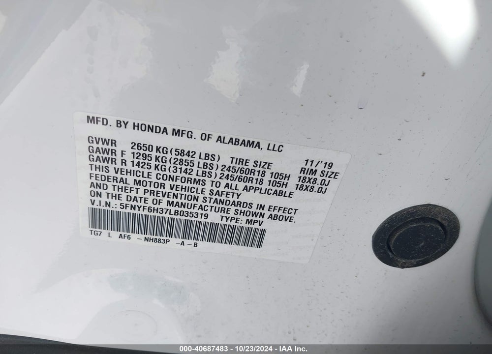 2020 HONDA PILOT AWD EX VIN: 5FNYF6H37LB035319