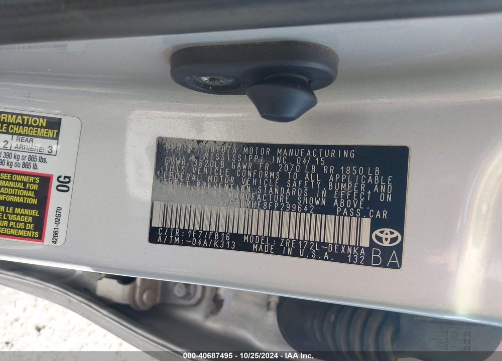2015 TOYOTA COROLLA LE VIN: 5YFBURHE8FP299642