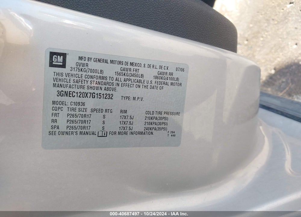 2007 CHEVROLET AVALANCHE 1500 LS VIN: 3GNEC120X7G151232