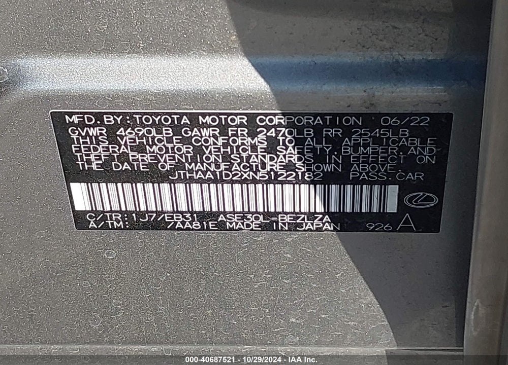 2022 LEXUS IS 300 VIN: JTHAA1D2XN5122182