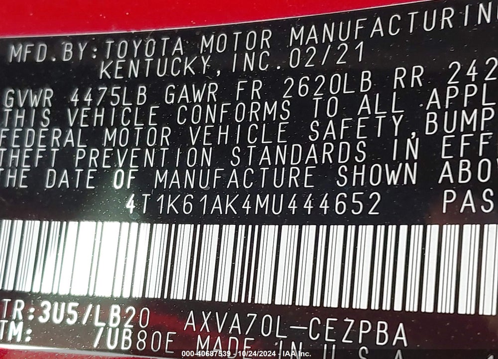 2021 TOYOTA CAMRY XSE VIN: 4T1K61AK4MU444652