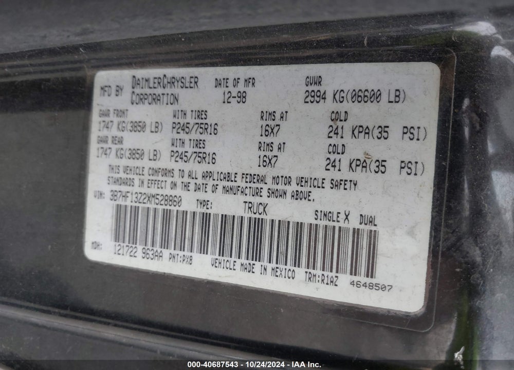 1999 DODGE RAM 1500 ST VIN: 3B7HF13Z2XM528860