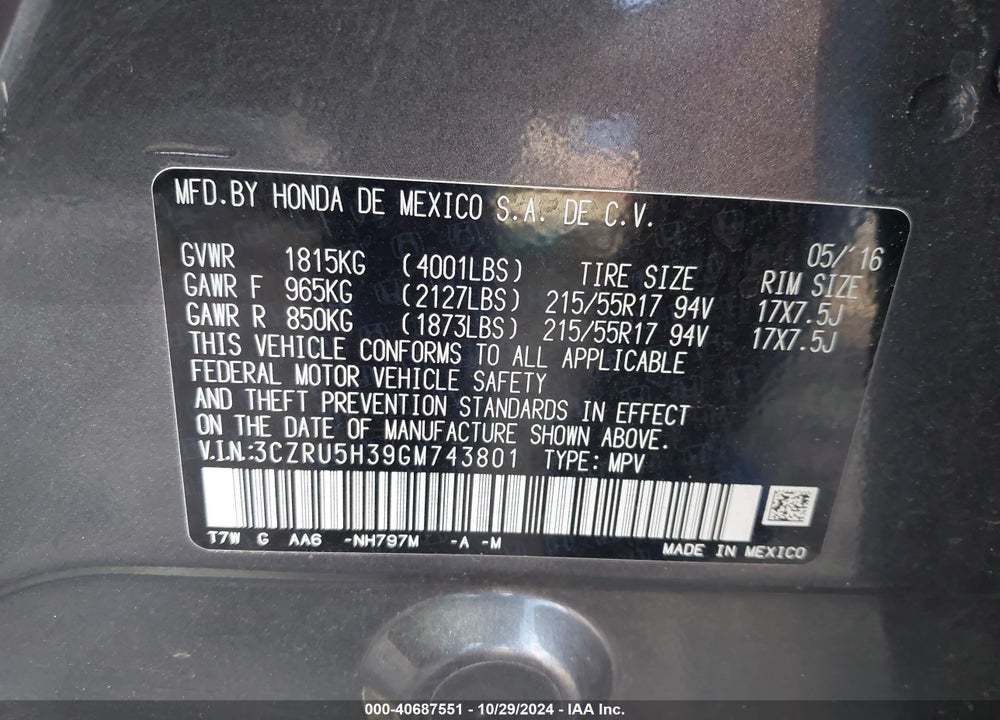 2016 HONDA HR-V LX VIN: 3CZRU5H39GM743801