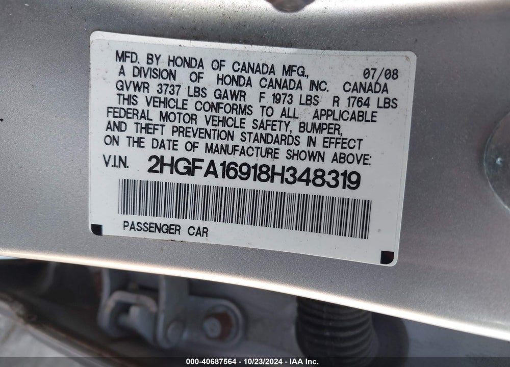 2008 HONDA CIVIC EX-L VIN: 2HGFA16918H348319