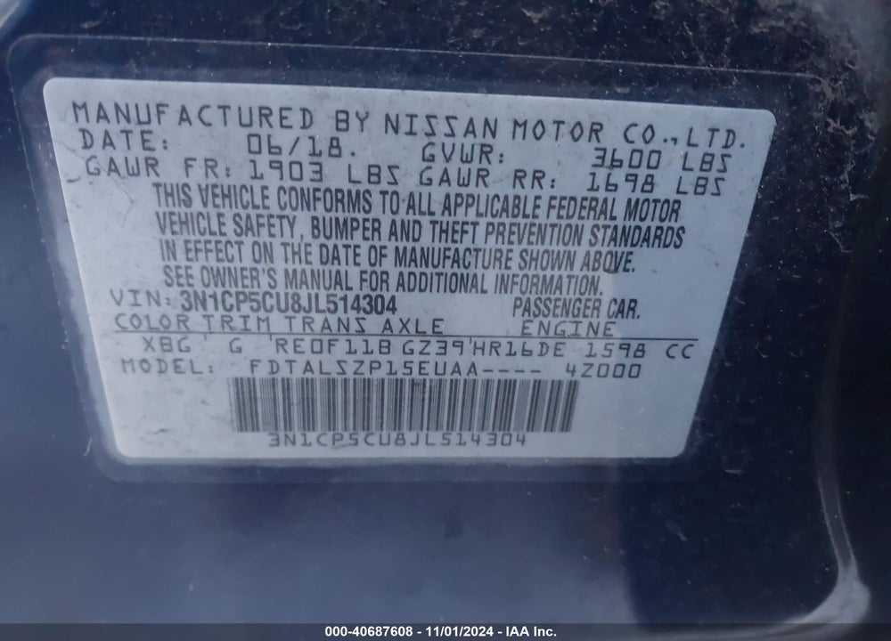 2018 NISSAN KICKS SV VIN: 3N1CP5CU8JL514304