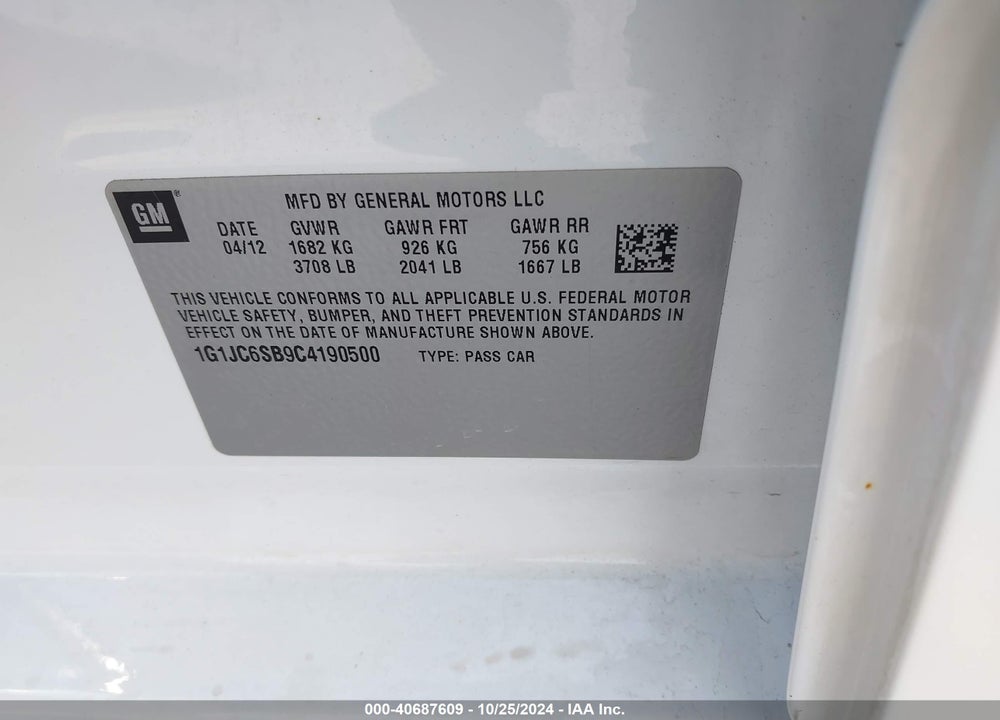 2012 CHEVROLET SONIC 2LT VIN: 1G1JC6SB9C4190500