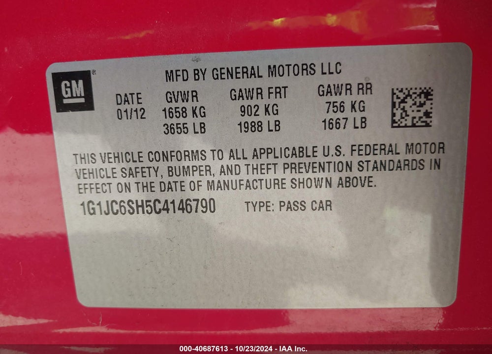 2012 CHEVROLET SONIC 2LT VIN: 1G1JC6SH5C4146790