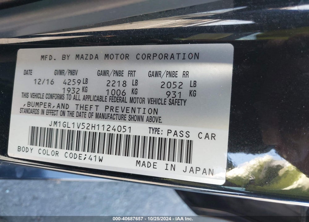 2017 MAZDA 6 TOURING VIN: JM1GL1V52H1124051