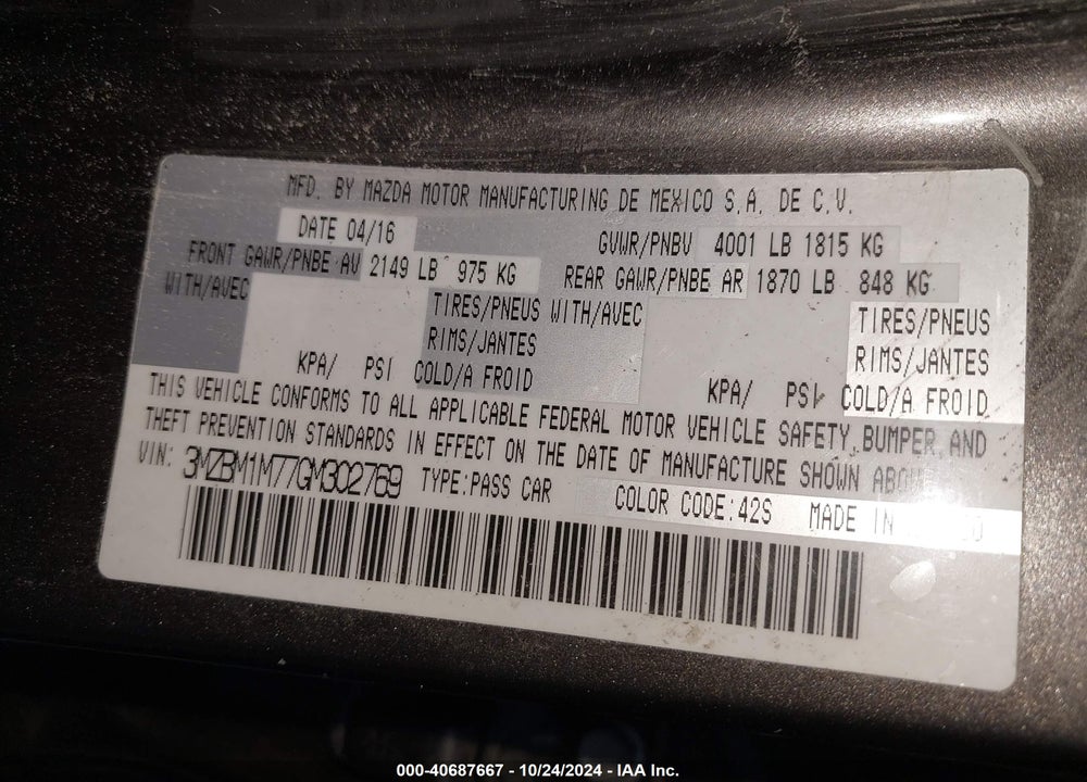 2016 MAZDA 3 VIN: 3MZBM1M77GM302769