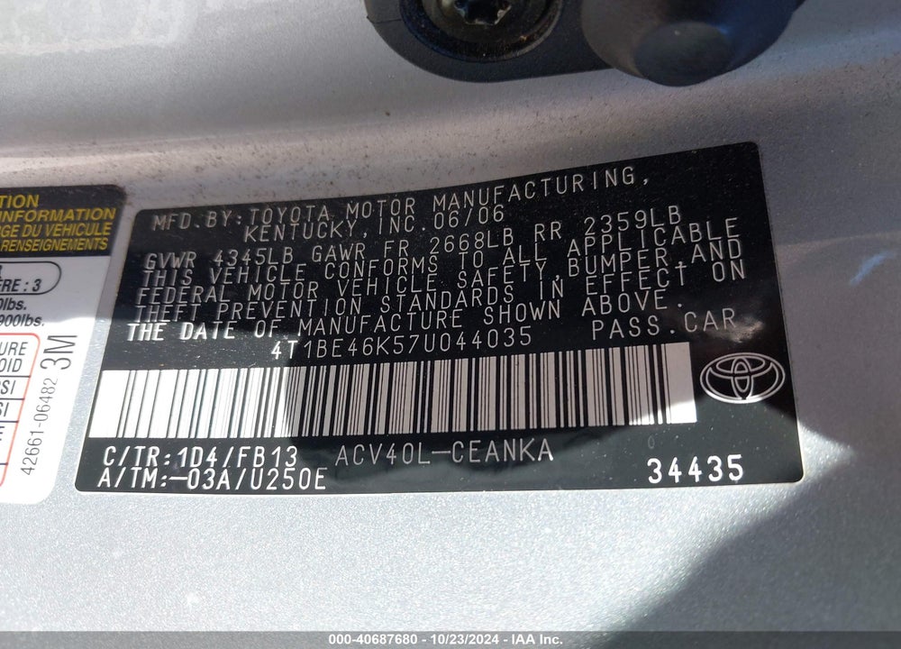 2007 TOYOTA CAMRY LE VIN: 4T1BE46K57U044035