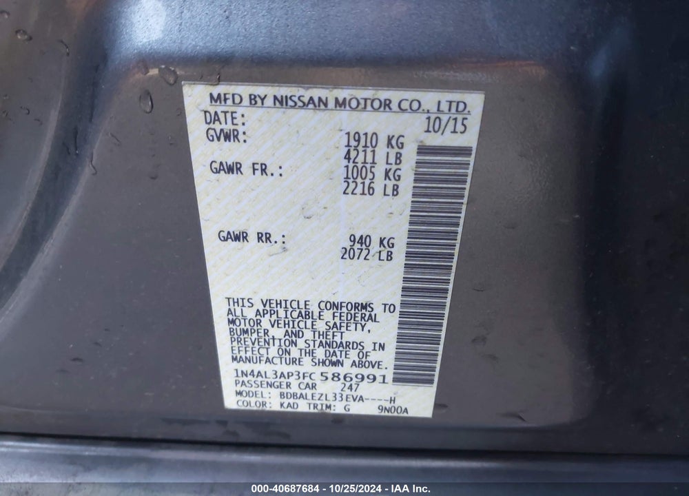 2015 NISSAN ALTIMA 2.5 S VIN: 1N4AL3AP3FC586991