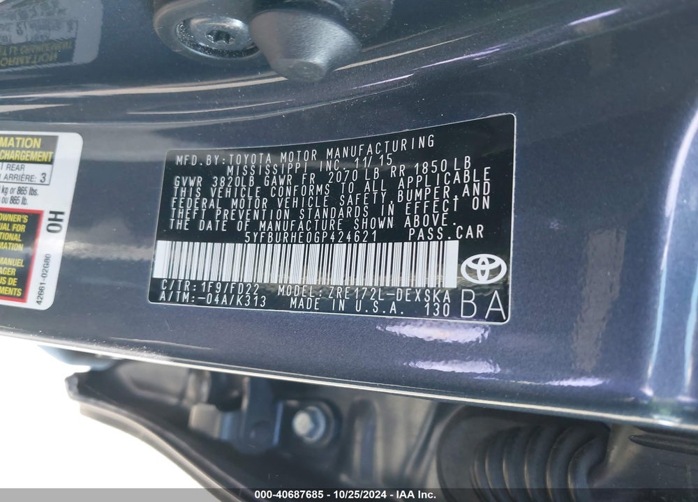 2016 TOYOTA COROLLA S PLUS VIN: 5YFBURHE0GP424621