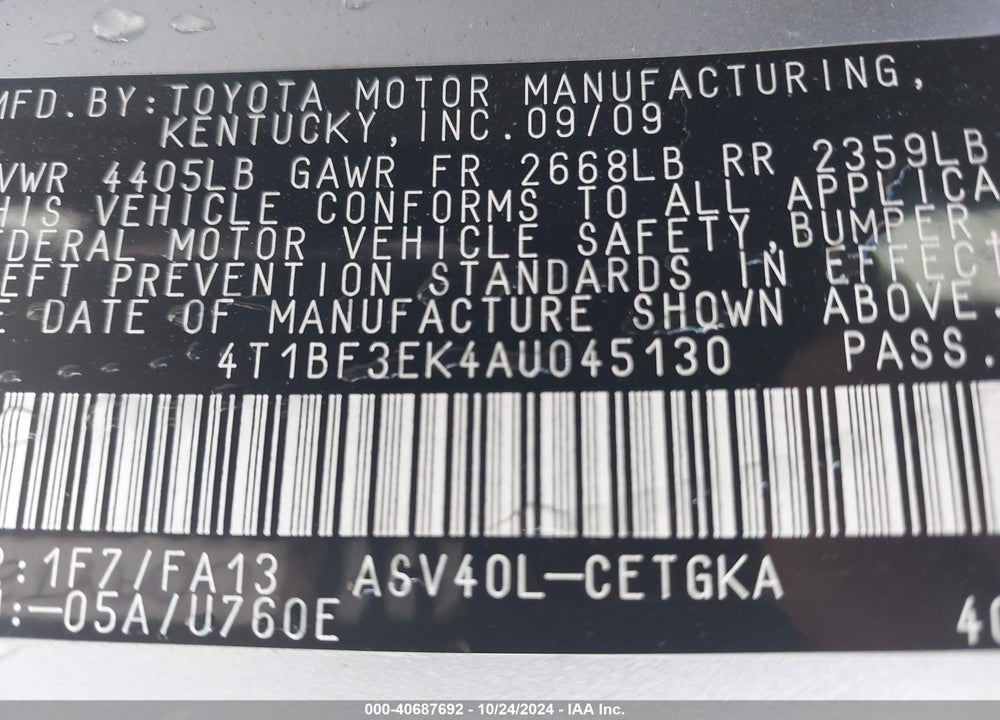 2010 TOYOTA CAMRY XLE VIN: 4T1BF3EK4AU045130