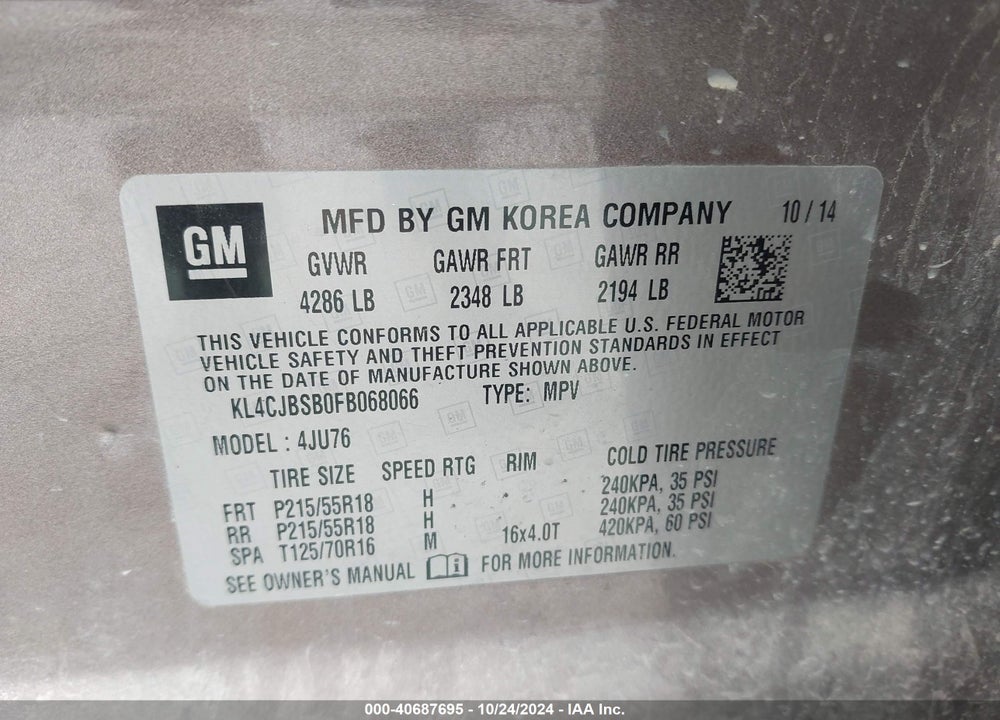 2015 BUICK ENCORE CONVENIENCE VIN: KL4CJBSB0FB068066