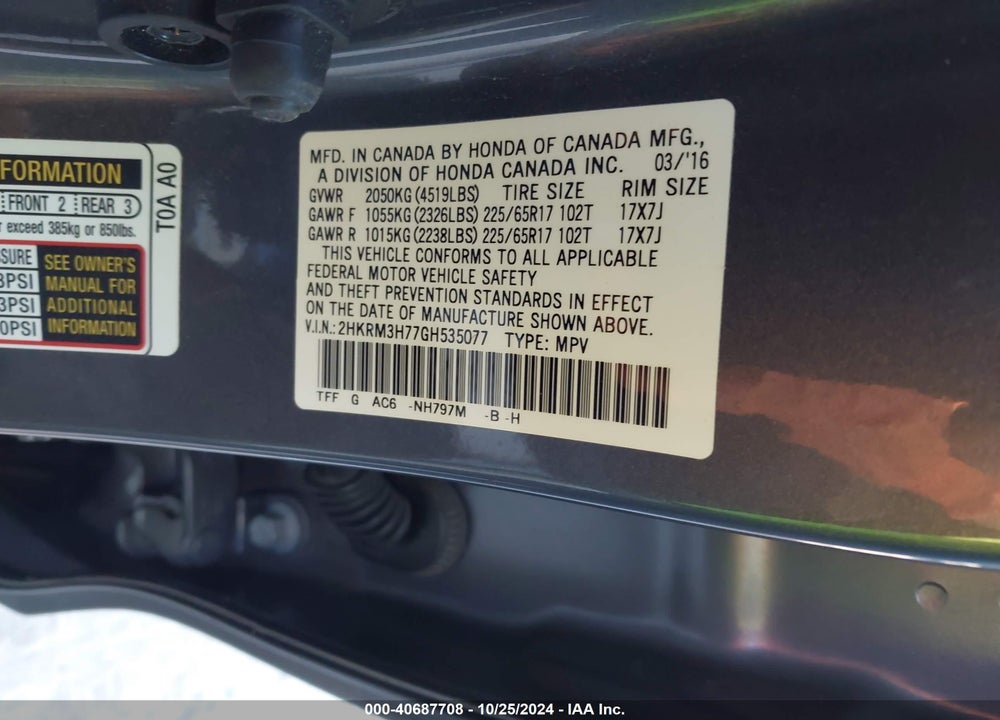 2016 HONDA CR-V EX-L VIN: 2HKRM3H77GH535077