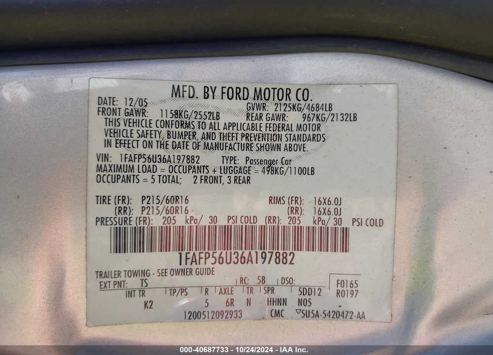 2006 FORD TAURUS SEL VIN: 1FAFP56U36A197882