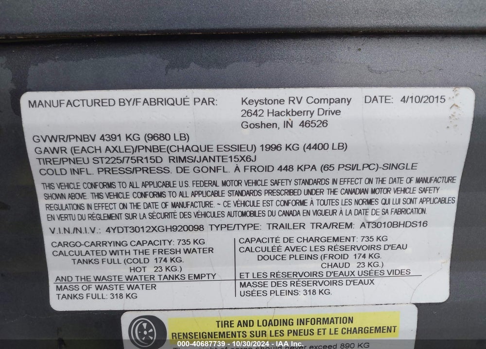 2016 ASPEN TRAIL 3010 BHDS VIN: 4YDT3012XGH920098
