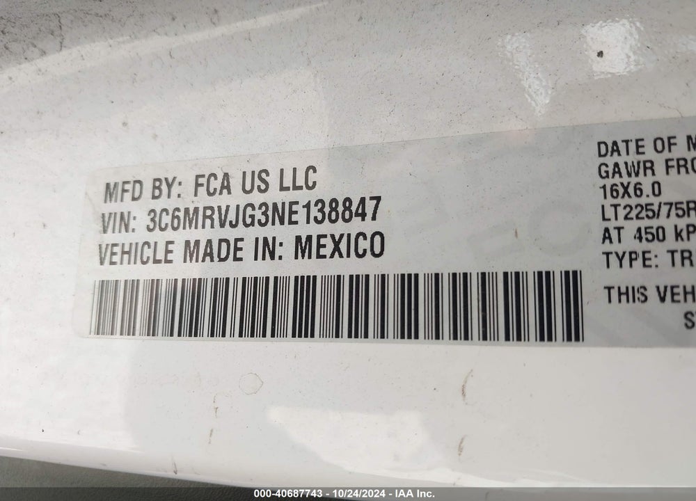 2022 RAM PROMASTER 3500 CARGO VAN HIGH ROOF 159 WB EXT VIN: 3C6MRVJG3NE138847