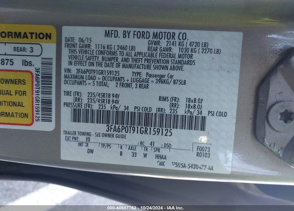 2016 FORD FUSION SE VIN: 3FA6P0T91GR159125