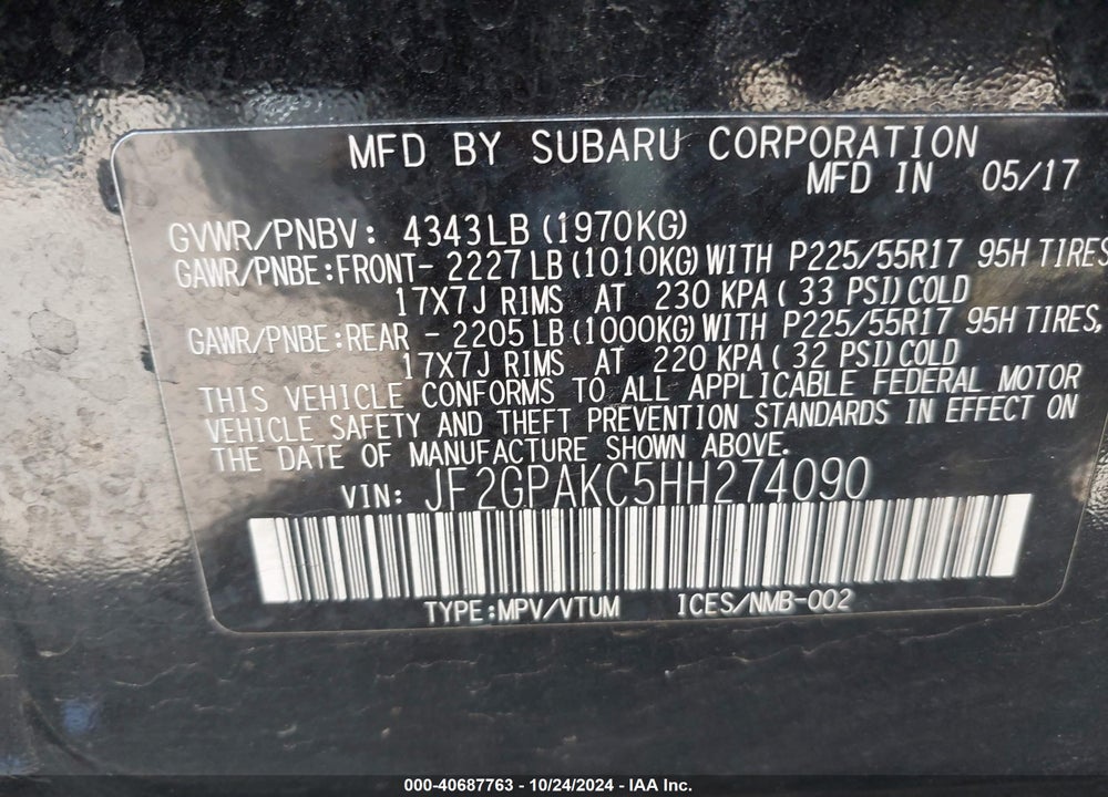 2017 SUBARU CROSSTREK 2.0I LIMITED VIN: JF2GPAKC5HH274090