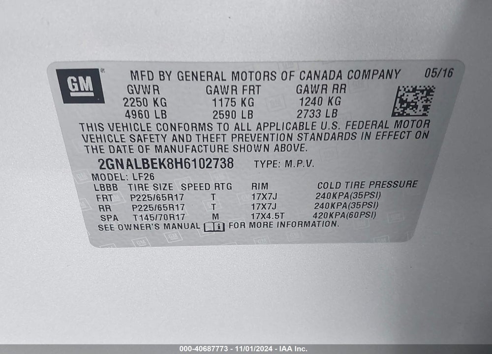 2017 CHEVROLET EQUINOX LS VIN: 2GNALBEK8H6102738
