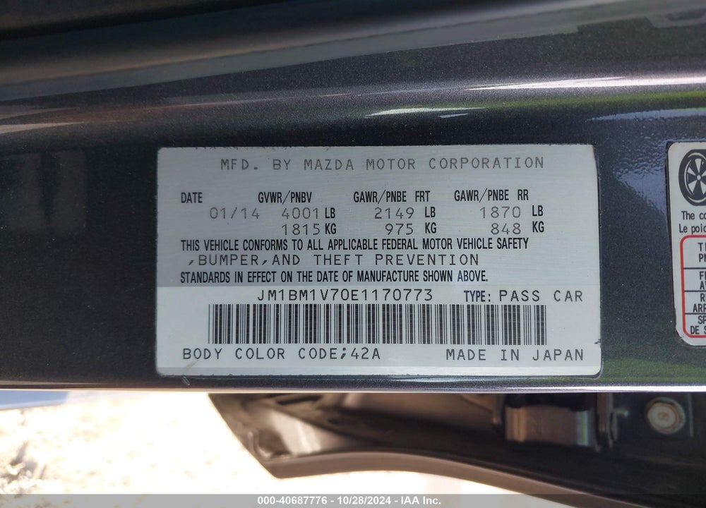 2014 MAZDA 3 I TOURING VIN: JM1BM1V70E1170773