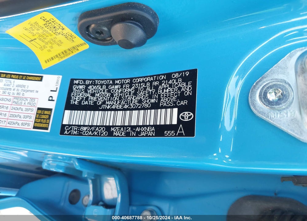 2019 TOYOTA COROLLA SE VIN: JTNK4RBE4K3072780