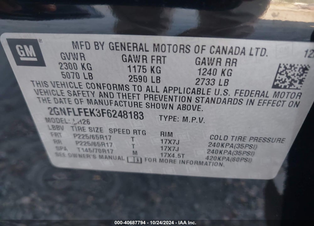 2015 CHEVROLET EQUINOX 1LT VIN: 2GNFLFEK3F6248183