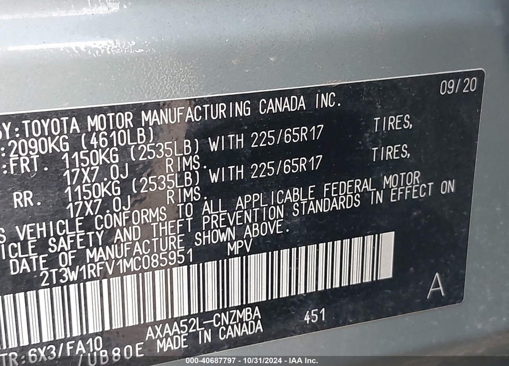 2021 TOYOTA RAV4 XLE VIN: 2T3W1RFV1MC085951