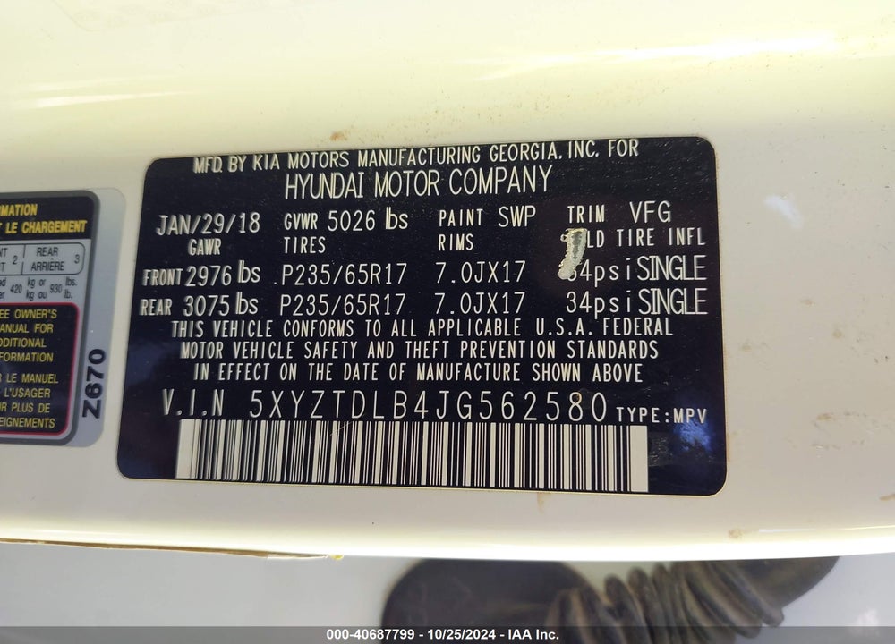 2018 HYUNDAI SANTA FE SPORT 2.4L VIN: 5XYZTDLB4JG562580