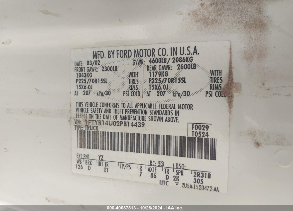 2002 FORD RANGER EDGE/TREMOR/XL/XLT VIN: 1FTYR14U02PB14439