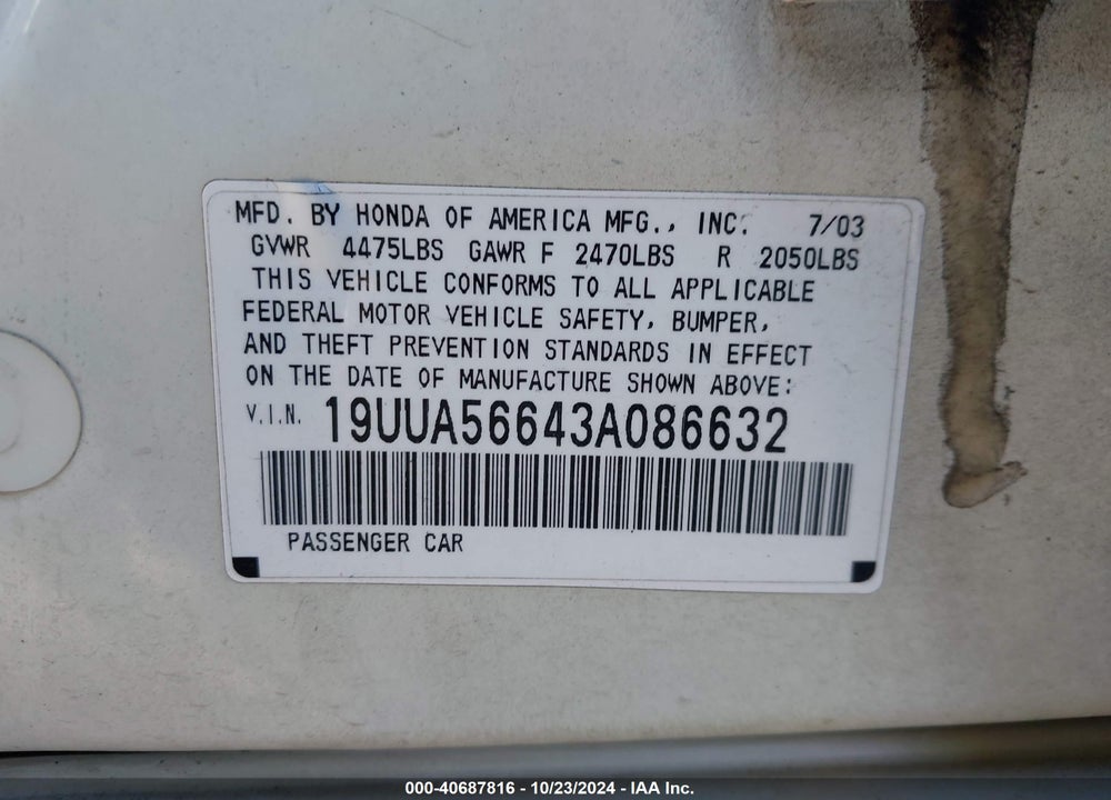 2003 ACURA TL 3.2 VIN: 19UUA56643A086632