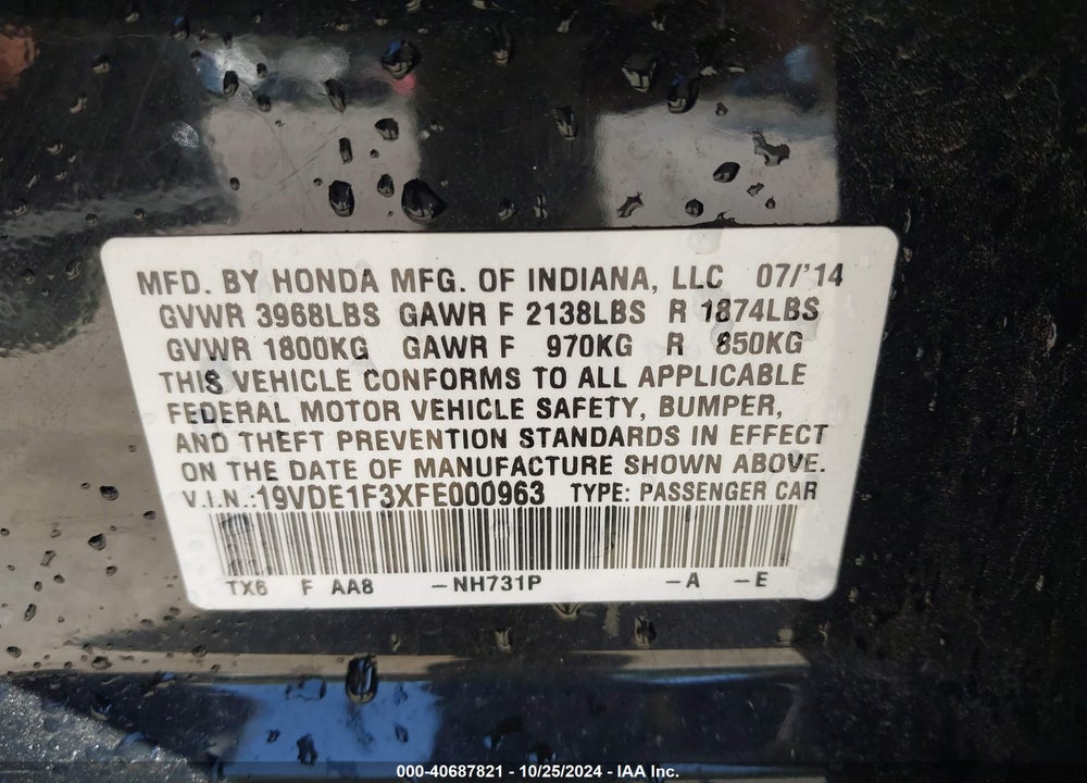 2015 ACURA ILX 2.0L VIN: 19VDE1F3XFE000963