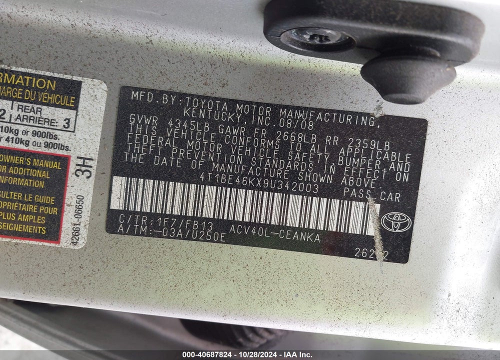 2009 TOYOTA CAMRY VIN: 4T1BE46KX9U342003